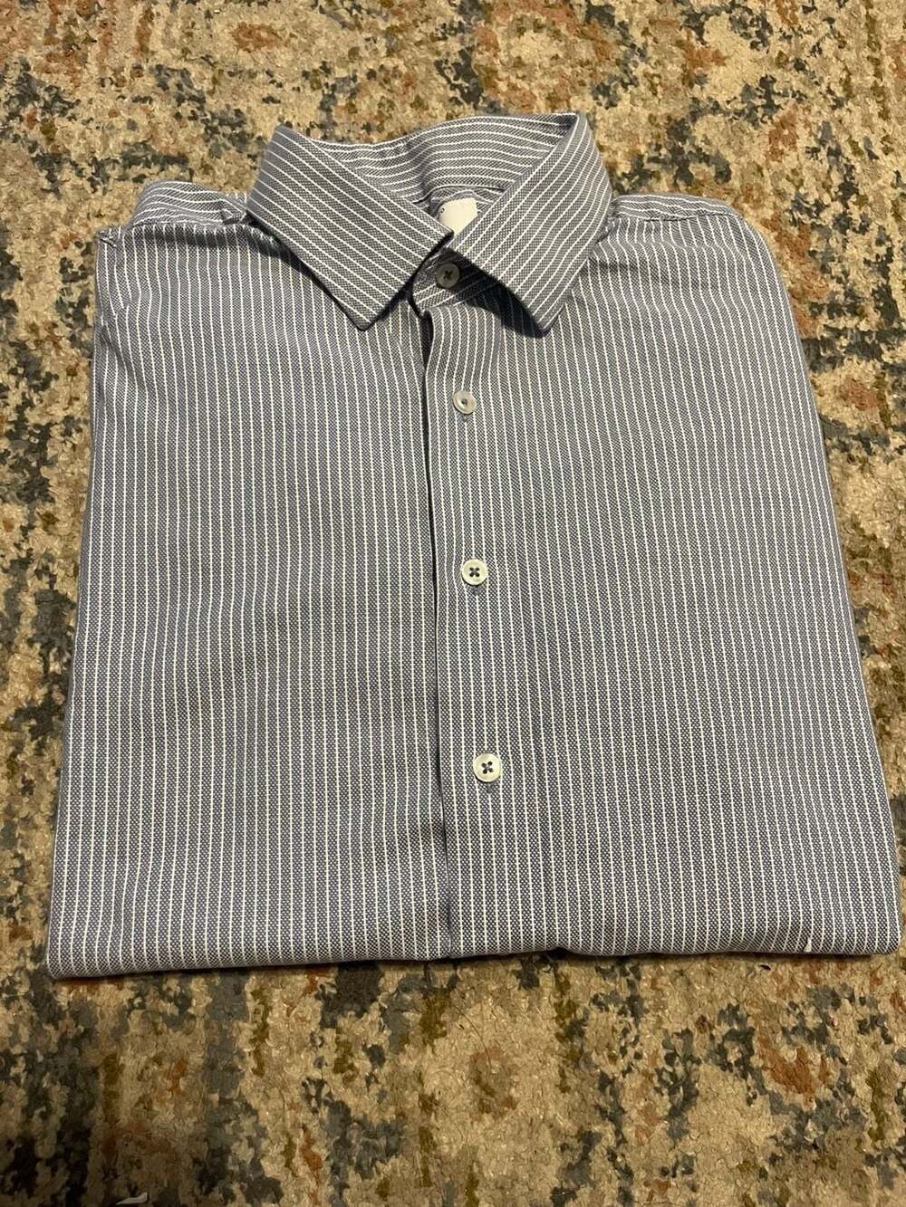 Lorenzo Uomo Blue White Striped Trim Fit Dress Shirt Size 16.5 34/35